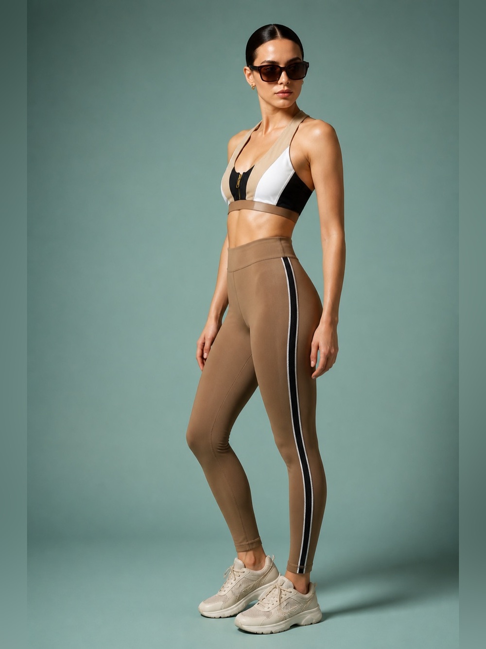 Set of 2 Colorblock Zip-Front Sports Bra and Athleta Leggings - Tan/White/Black - Picture 4 of 16